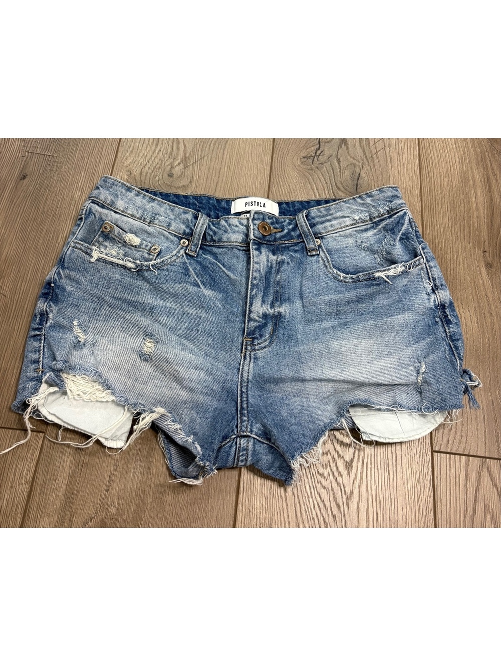 Pistola light wash distressed denim shorts size 27
